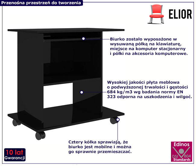Czarne biurko na kółkach w wysokim połysku Mexo