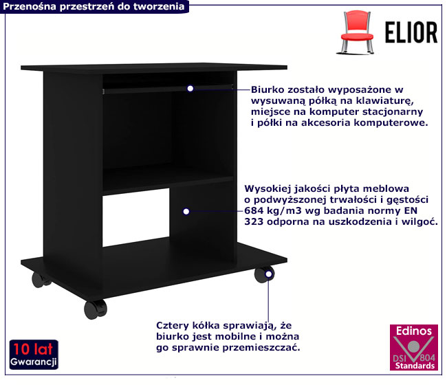Czarne biurko na kółkach z półkami Fortis