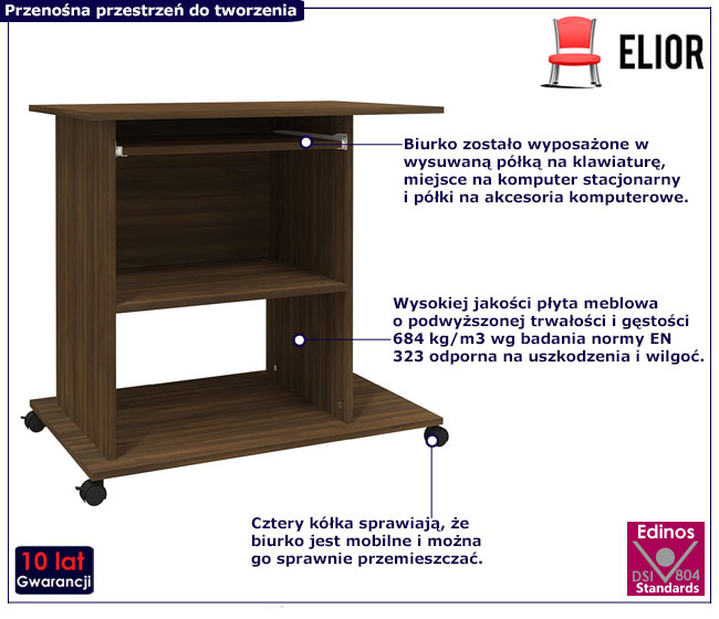 Biurko na kółkach z półkami w kolorze brązowy dąb Fortis