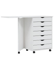 Białe drewniane składane biurko sosnowe na kółkach z szafką - Apso