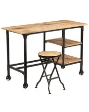 Drewniane biurko na metalowych nogach na kółkach z taboretem - Ahis