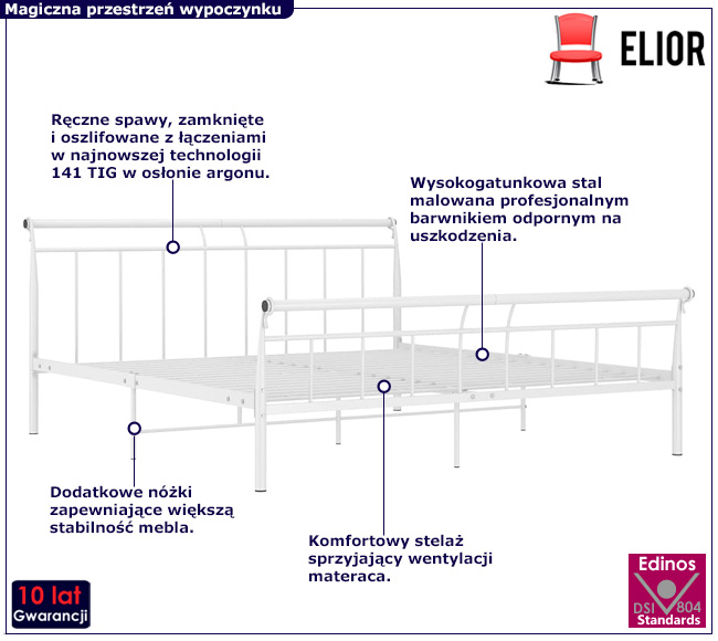 Białe metalowe łóżko małżeńskie z zagłówkiem Keri