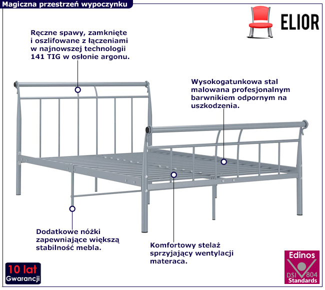 Szare metalowe łóżko z zagłówkiem Ventano
