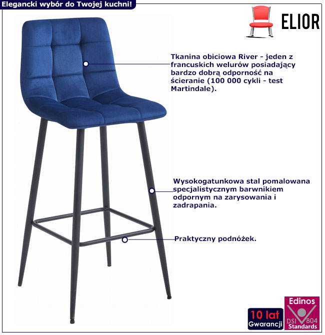 Granatowy tapicerowany hoker z oparciem Selon