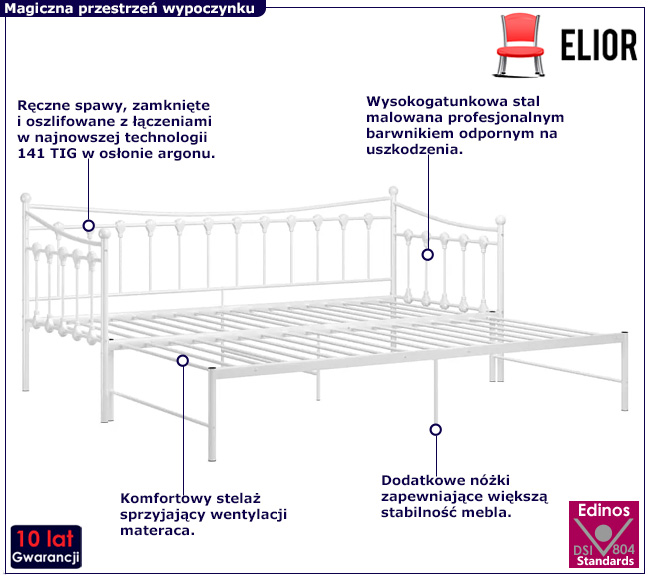 Białe metalowe łózko rozkładane Sawga