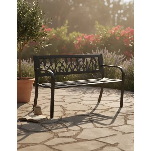 Ławka ogrodowa z metalowym stelażem i florystycznym zdobieniem