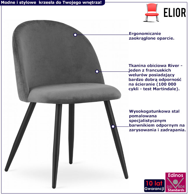 Ciemnoszare welurowe krzesło metalowe Amvo