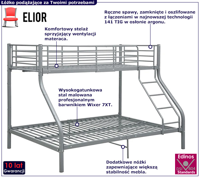 Szare metalowe łóżko piętrowe Ordi