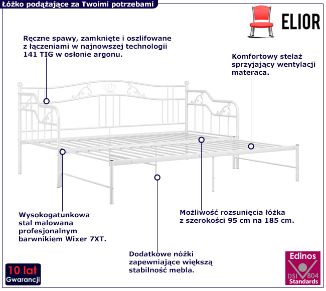 Białe metalowe łóżko rozkładane Wextis