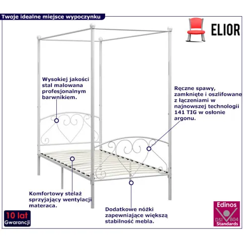Metalowe białe łóżko z baldachimem Elox