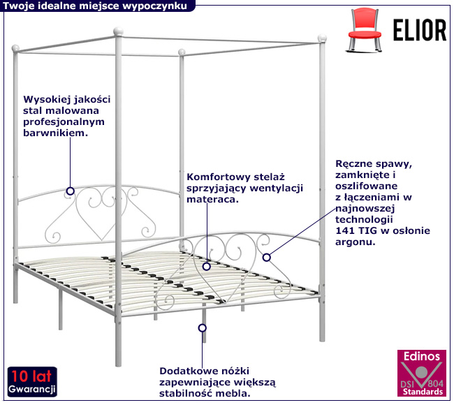 Białe duże łóżko z baldachimem Elox