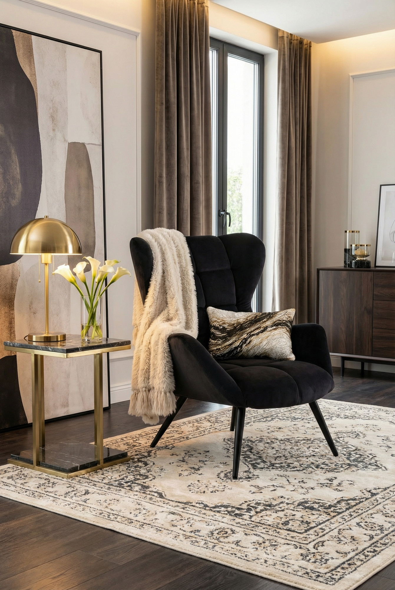 Aranżacja z wykorzystaniem czarnego fotela pikowanego Tebe