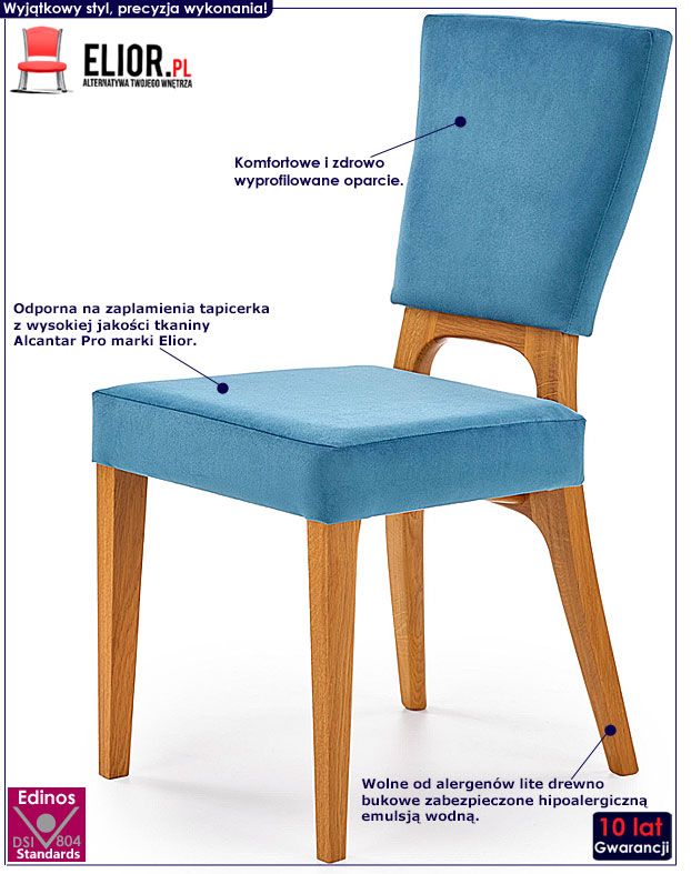 Dębowe krzesło niebieskie do kuchni, salonu Vernon
