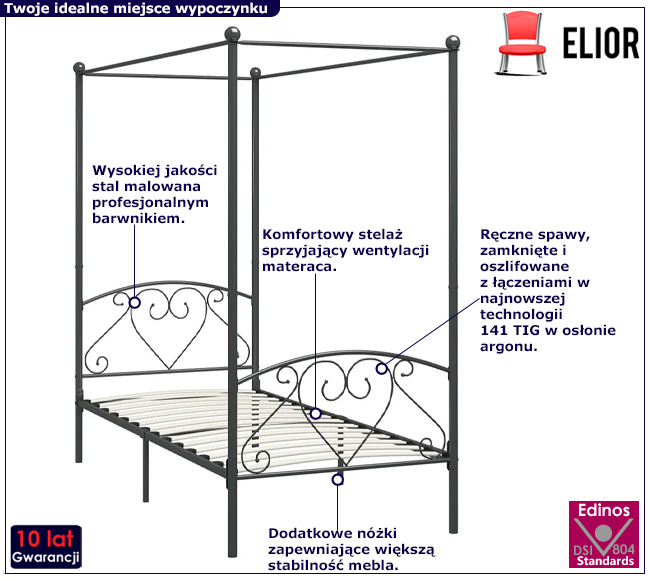 Szare łóżko z baldachimem Elox