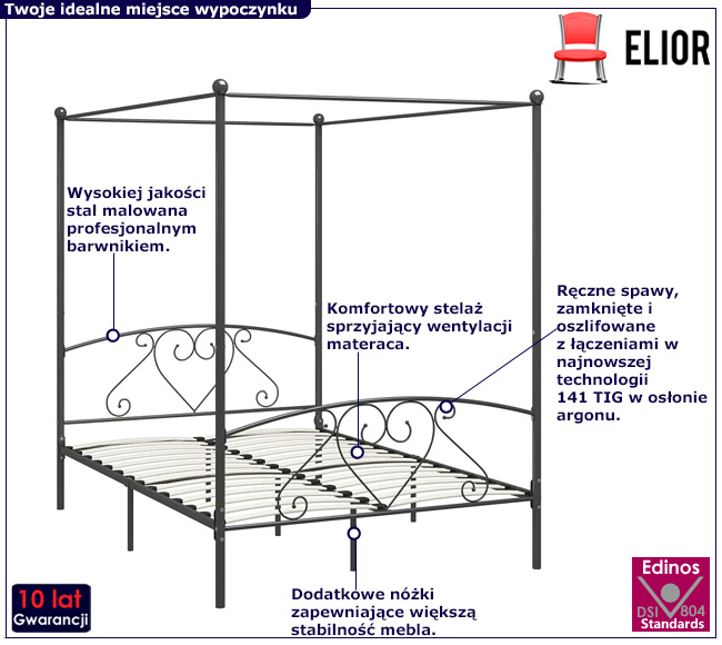 Szare łóżko z baldachimem Elox