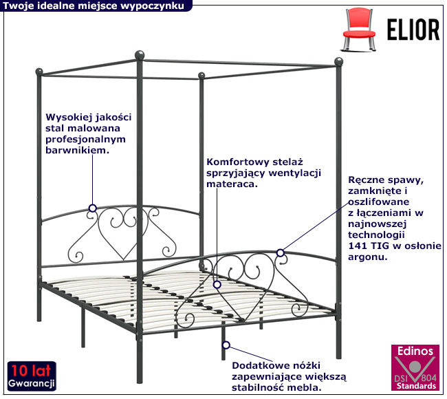 Szare duże łóżko z baldachimem Elox
