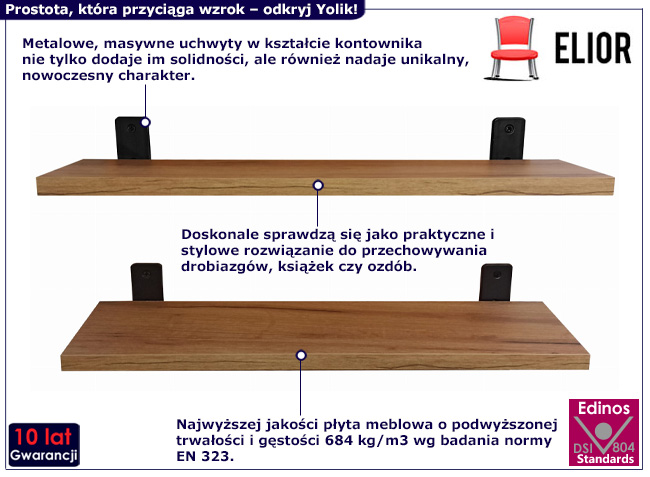 2 półki ścienne Yolik 3X 50 cm dab craft złoty