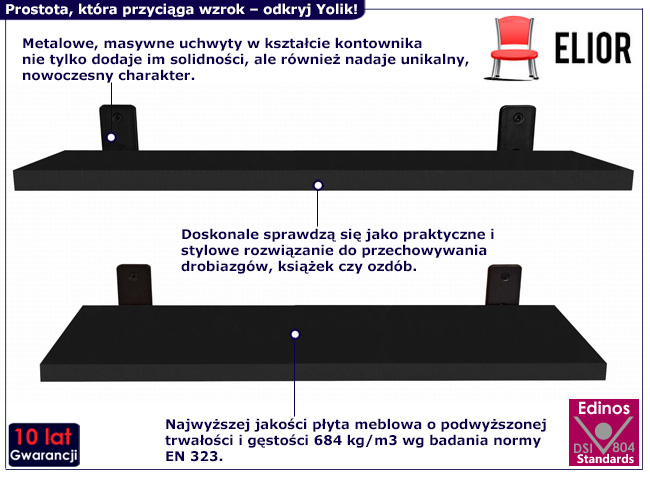 2 półki ścienne Yolik 4X 80 cm kolor czarny