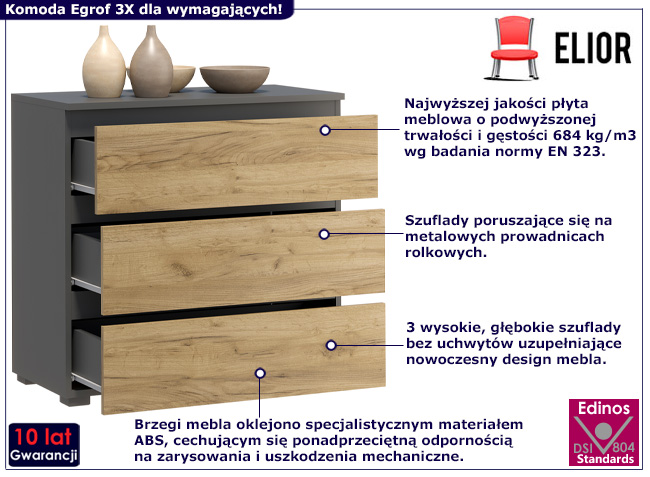 Komoda z 3 szufladami Elsinor 3X antracyt+dąb craft