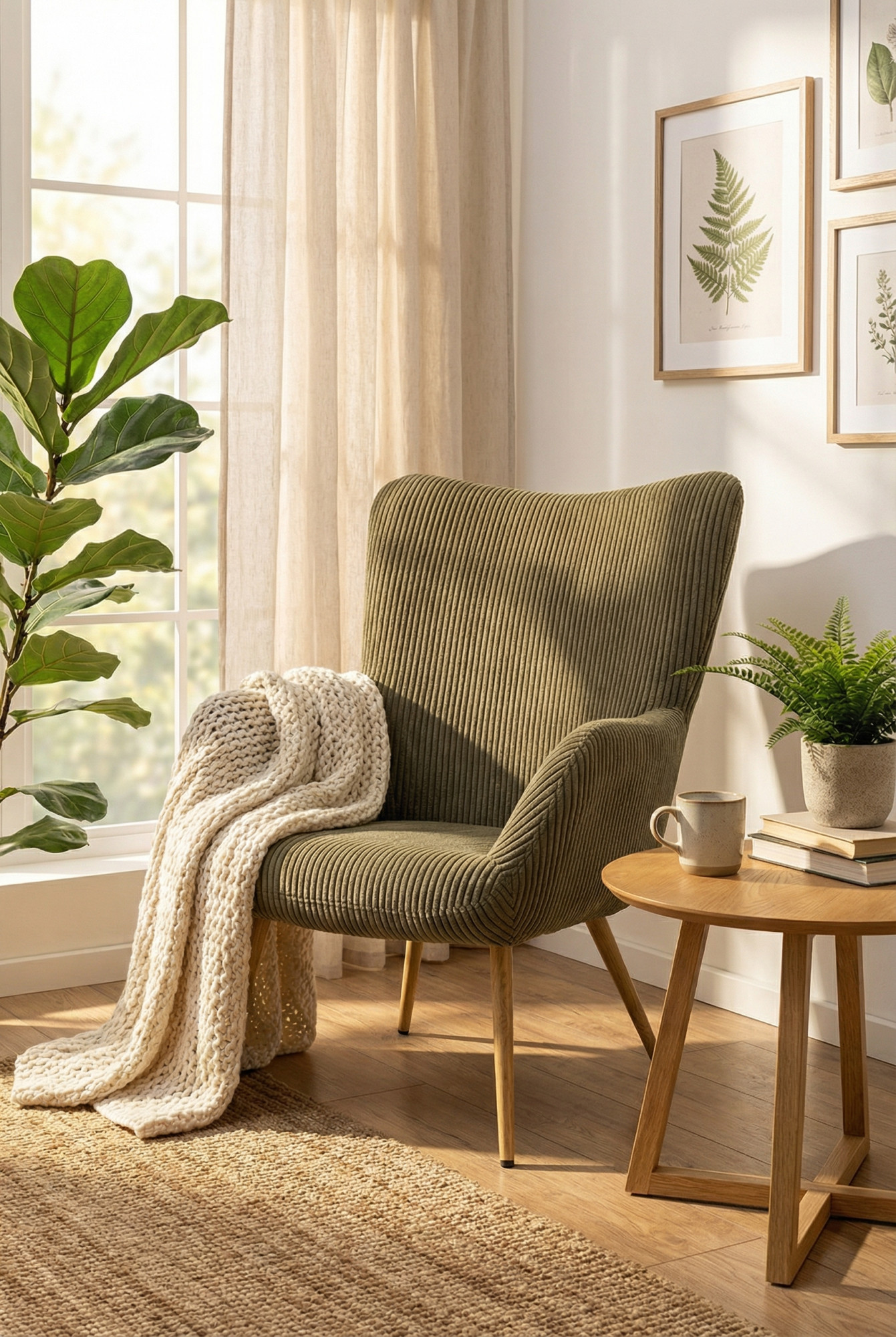 Wnętrze z oliwkowym fotelem sztruksowym Koneris