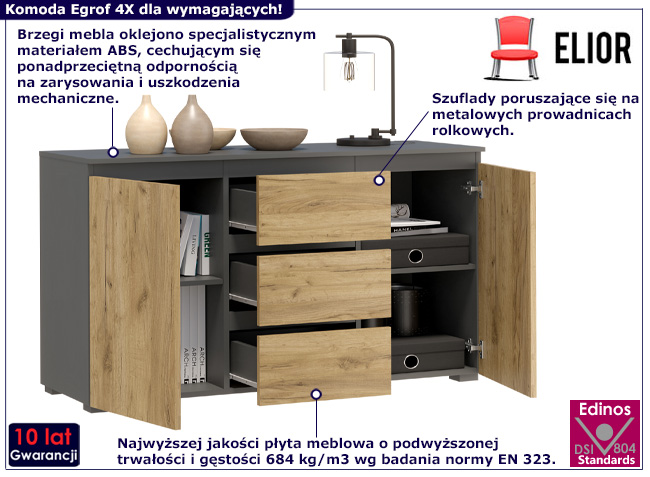 Komoda 120 cm Elsinor 4X kolor antracyt+dąb craft
