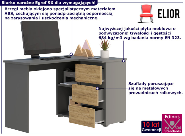 Narożne biurko Egrof 9X antracyt+dąb craft