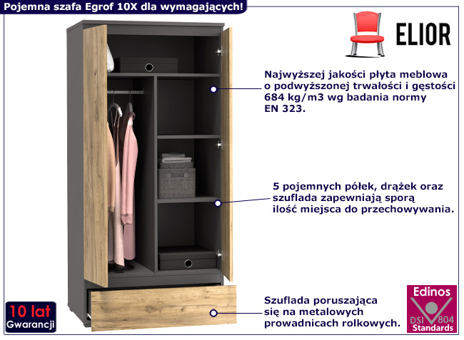 Szafa na ubrania Elsinor 10X antracyt+dąb craft
