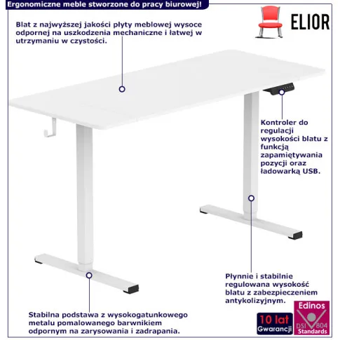 Fotografia Białe biurko elektryczne do pracy na stojąco 140x60 - Evron 5X z kategorii Biurka regulowane