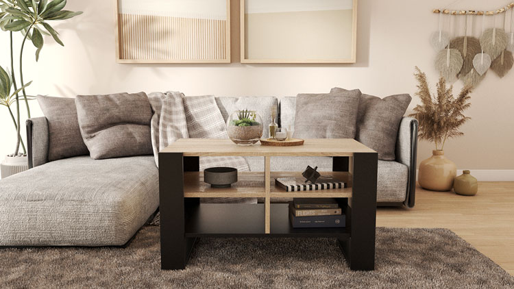 Nowoczesny ława kawowa z czarnymi nogami i batem sonoma Lajra