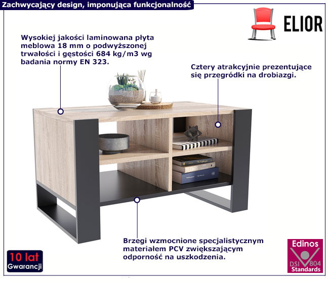 Nowoczesna ława do salonu z blatem dąb sonoma Lajra
