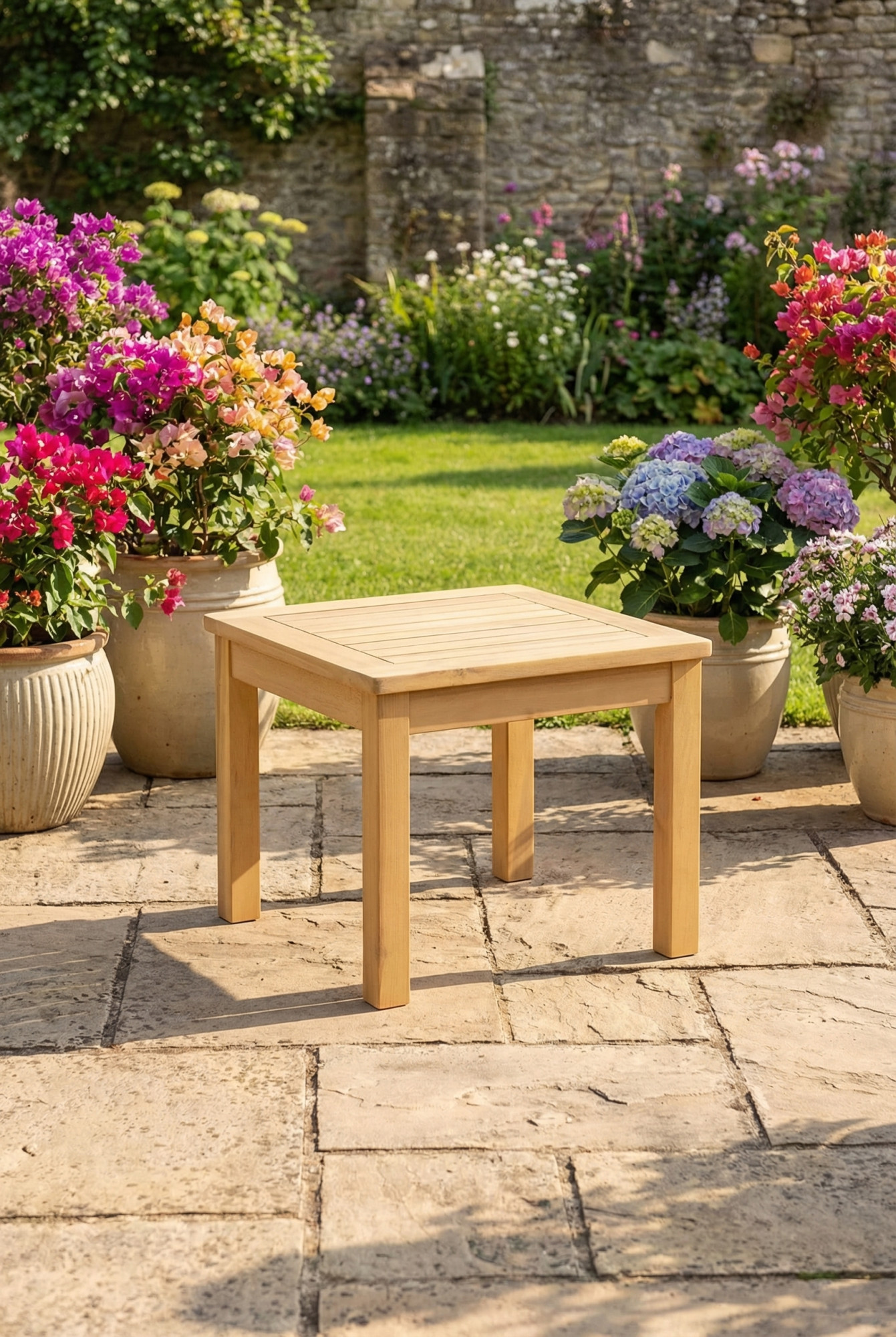 Ogród z drewnianym stolikiem kawowym Egle 4X