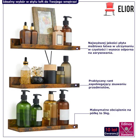 Zestaw 3 półek ściennych do salonu loft Tehari