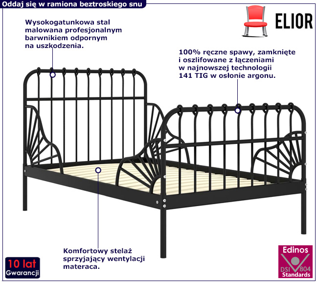 Czarne rozsuwane łóżko z metalu Kasja