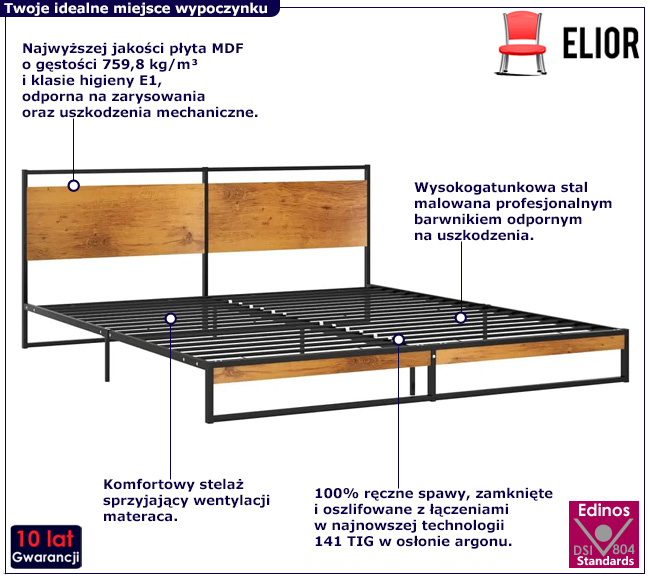 Czarne duże metalowe łóżko Nelora