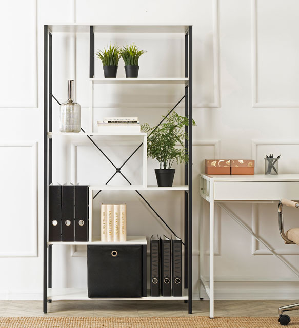 Czarno-biały regał otwarty z półkami w stylu loft Nario