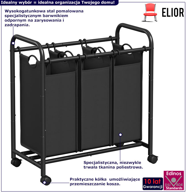 Czarny 3 komorowy kosz na pranie Numi 4X