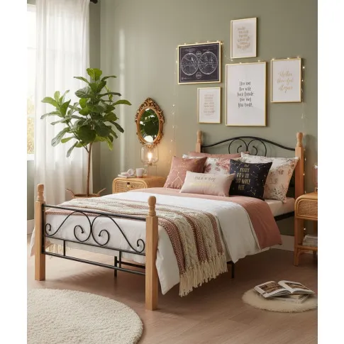 Metalowe łóżko jednoosobowe czarny   jasny dąb 90x200 cm   Dexir