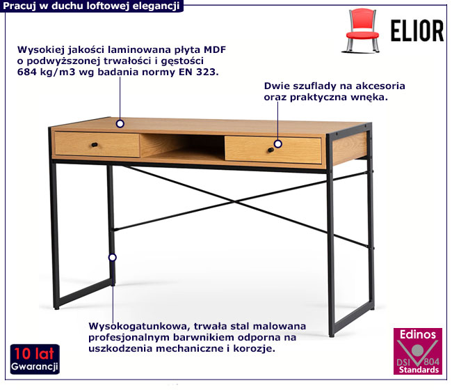 Loftowe proste biurko do pracy z szufladami Takira