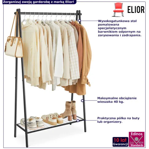 Stalowy czarny stojak na ubrania z półką Xazo