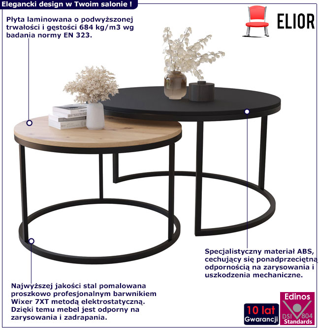 Infografika kompletu 2 okrągłych stolików kawowych czarny + dąb artisan Onrero 3X