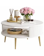 Biały okrągły stolik kawowy z półką - Alwida 4X w sklepie Edinos.pl