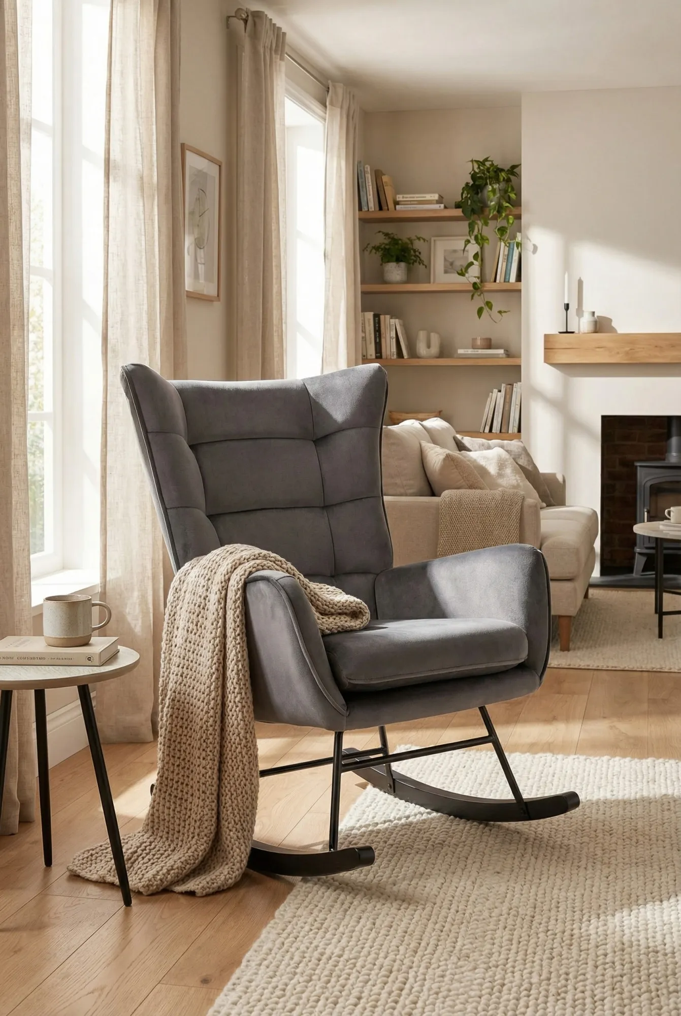 Aranżacja salonu z nowoczesnym fotelem bujanym Corno