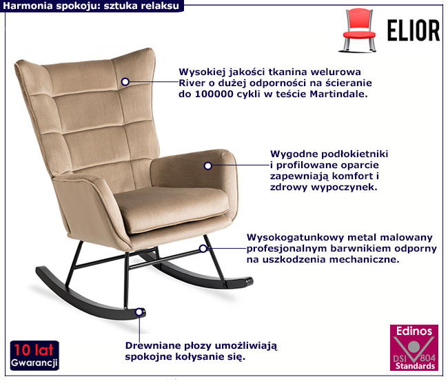 Beżowy welurowy fotel bujany Corno