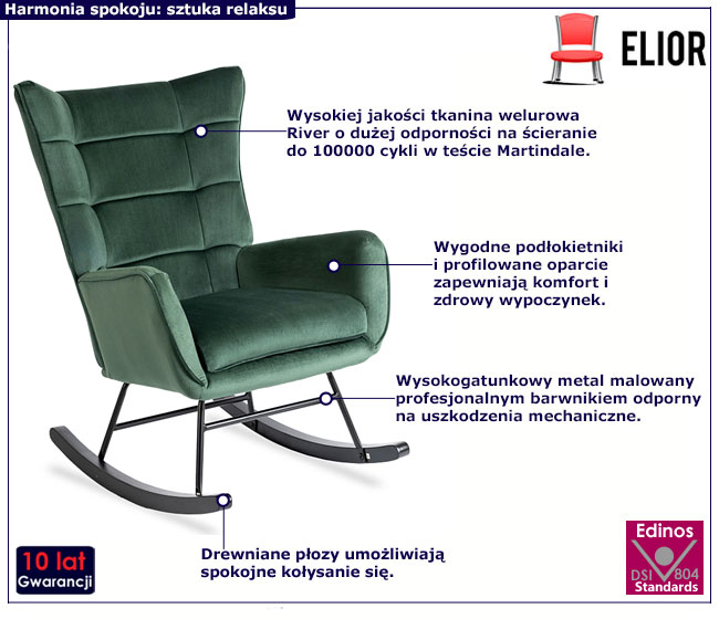 Zielony welurowy fotel bujany Corno