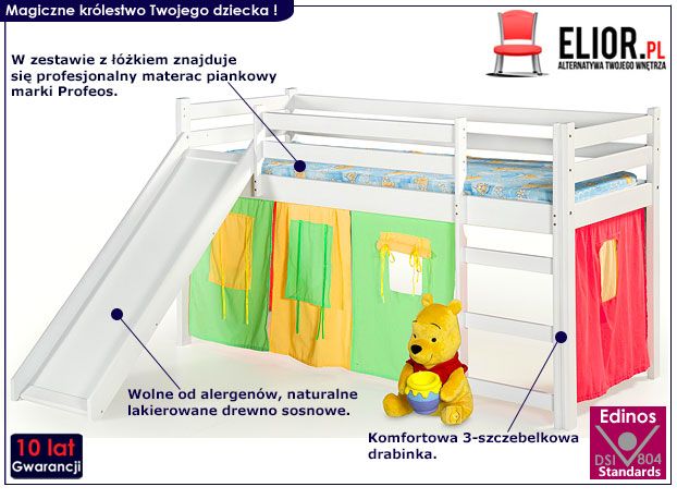 Białe łóżko piętrowe dla dziecka ze zjeżdżalnią Flaser