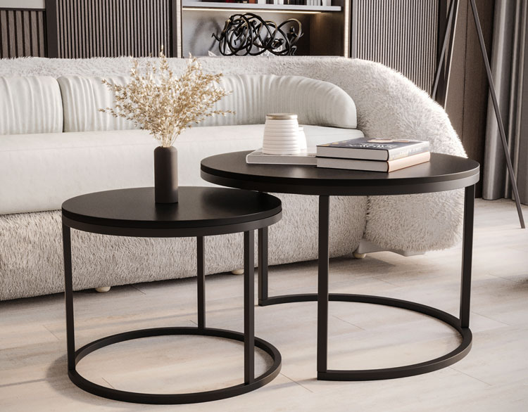 Nowoczesny salon z wykorzystaniem kompletu 2 stolików kawowych typu 2w1 Desoks