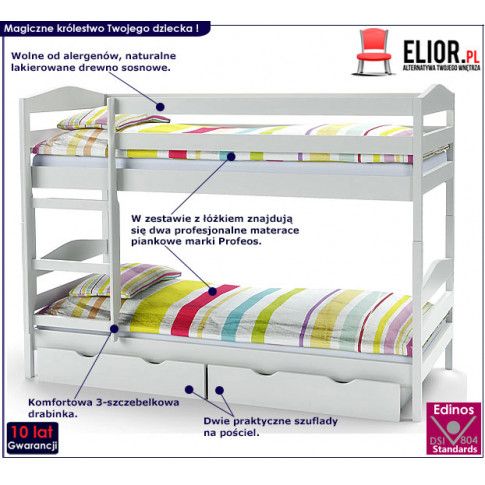 Fotografia Drewniane łóżko piętrowe Dixi - białe z kategorii Łóżka i materace