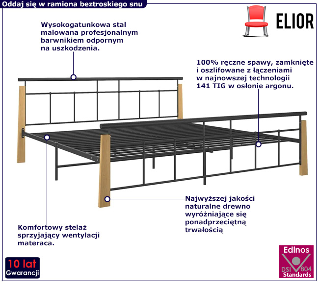 Metalowe łóżko pojedyncze Paresa czarny +  jasny dąb
