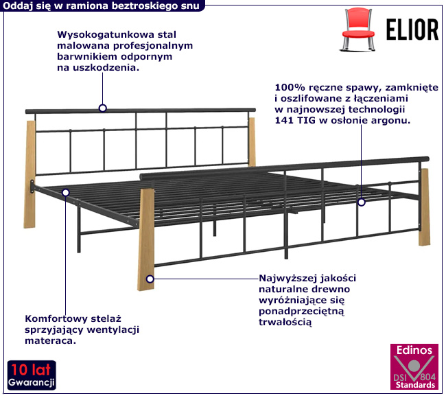 Metalowe łóżko pojedyncze Nelo czarny +  jasny dąb