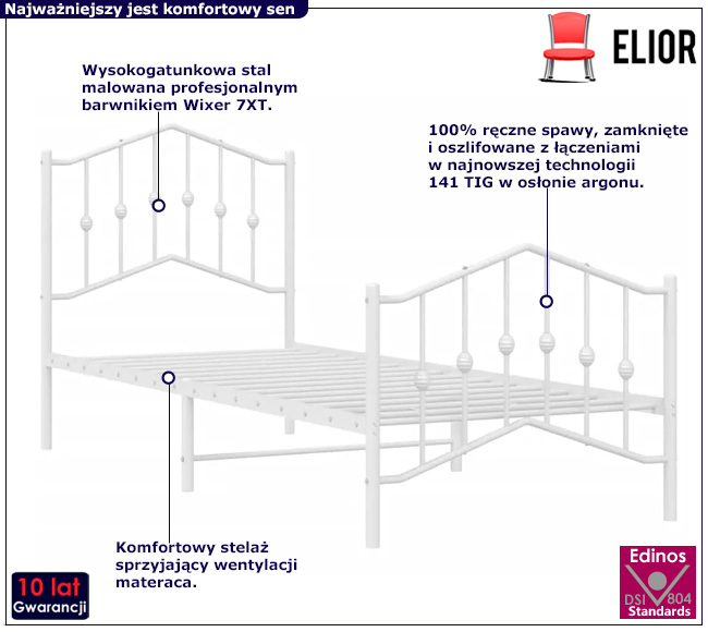 Białe metalowe łóżko pojedyncze Emelsa